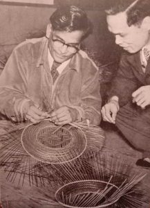 Upendra Maharathi (left) learning bamboo work from a Japanese master