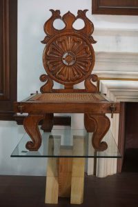 A classical Mauryan chair designed by Upendra Maharathi for use in a Buddhist monastery